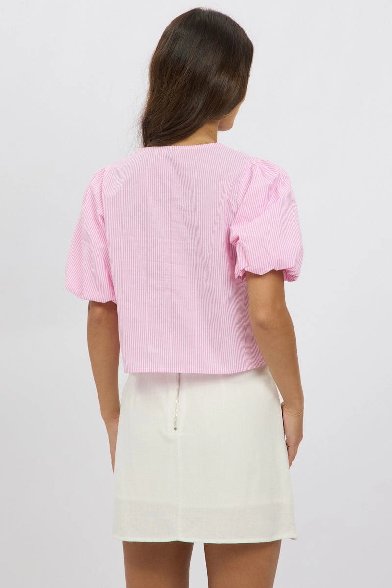 Pink Stripe Front Tie Top Puff Short Sleeve