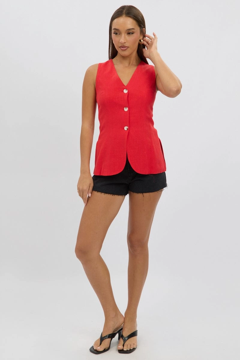 Red Linen Vest Longline V Neck