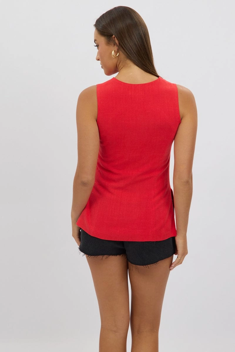 Red Linen Vest Longline V Neck