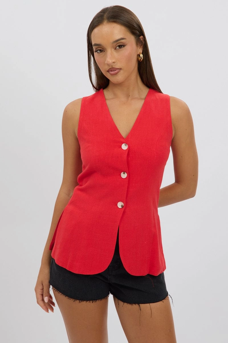 Red Linen Vest Longline V Neck