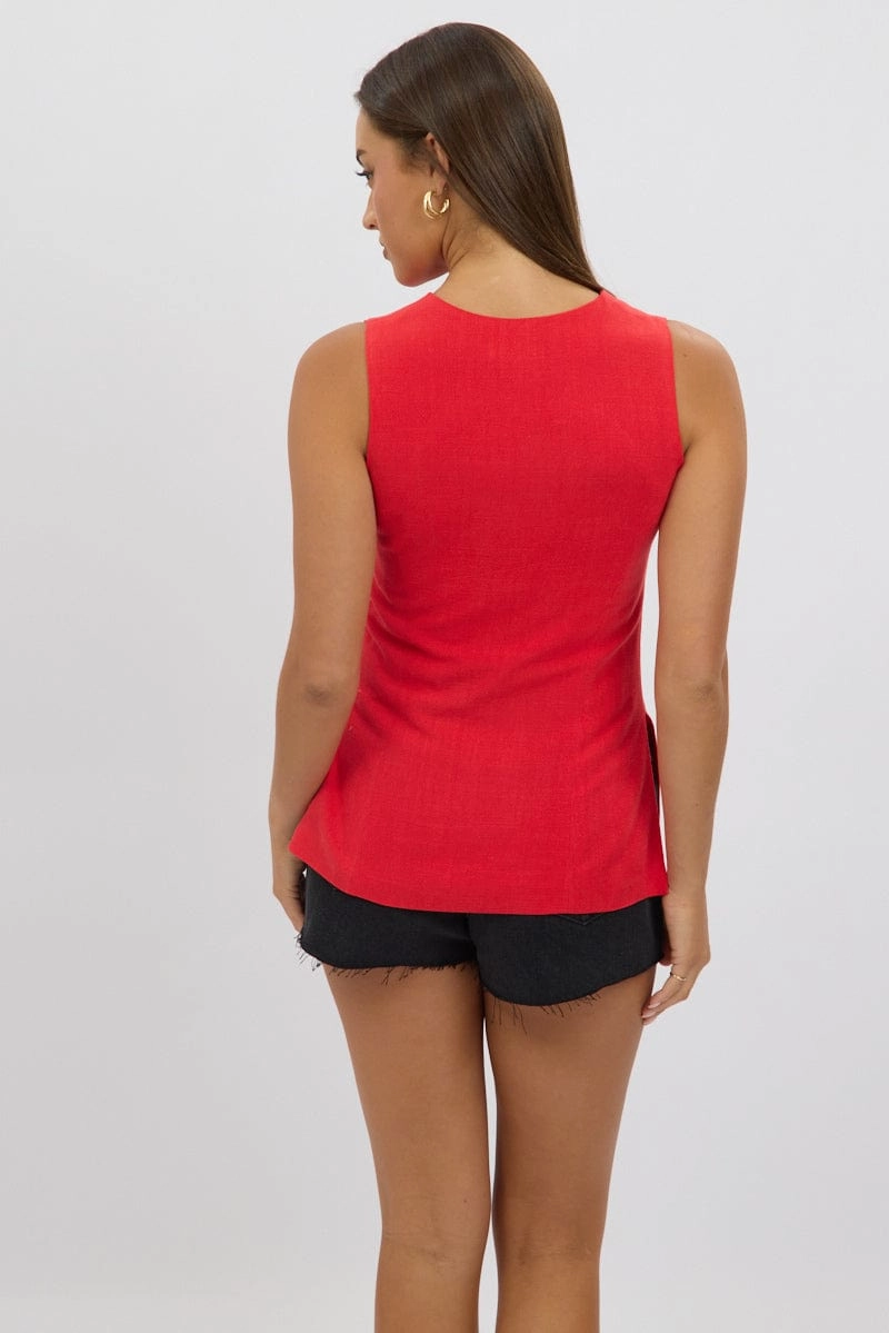 Red Linen Vest Longline V Neck