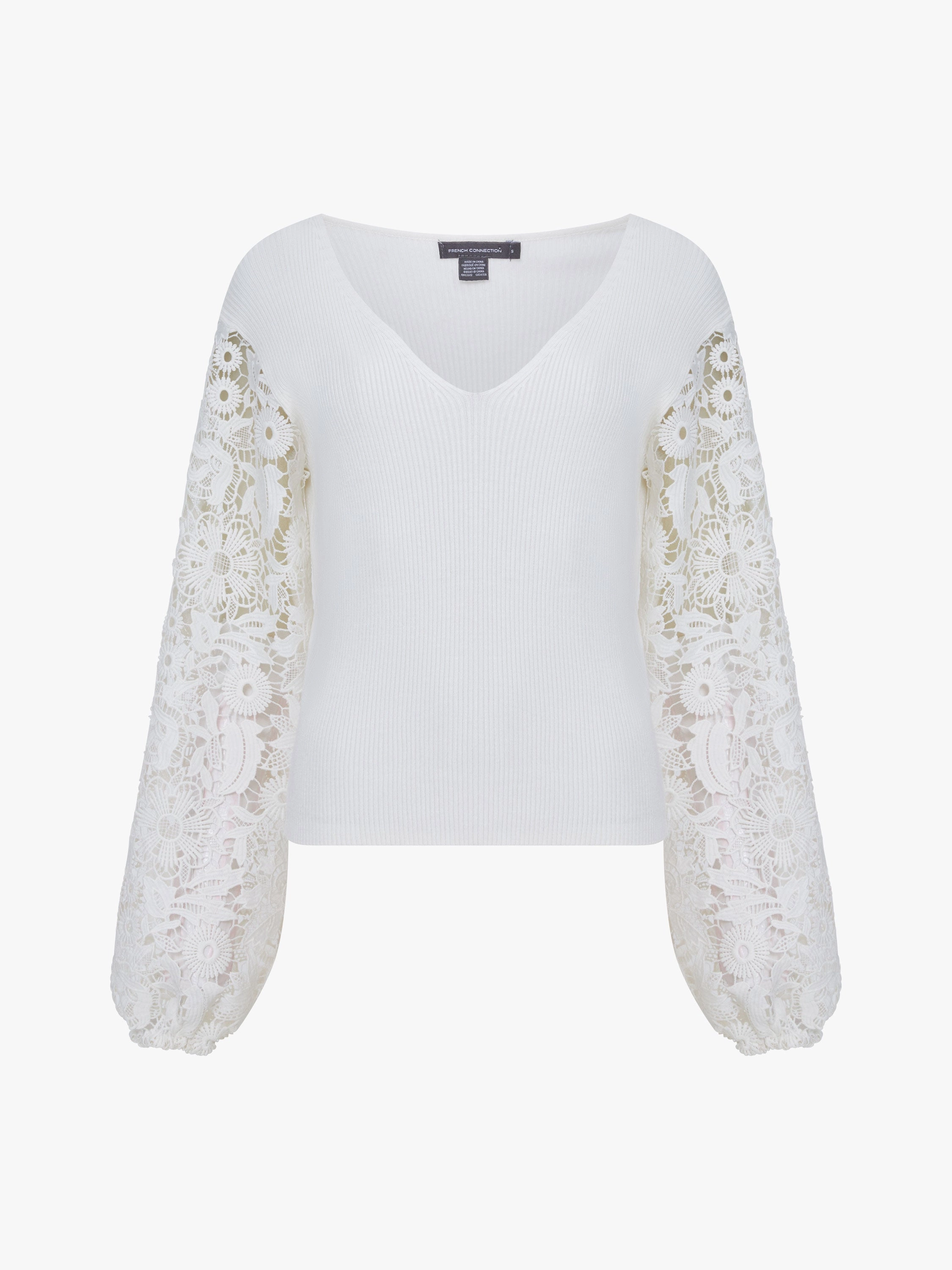 Ribbed V-Neck Lace Sleeve Jumper