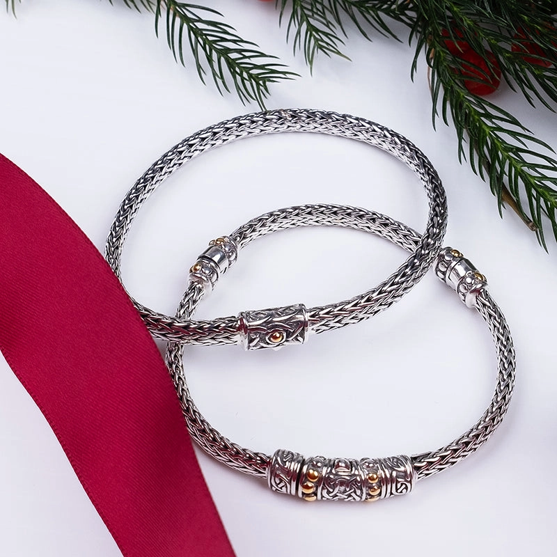 Silver and 18k Gold Dragon Weave Eternity Bracelet