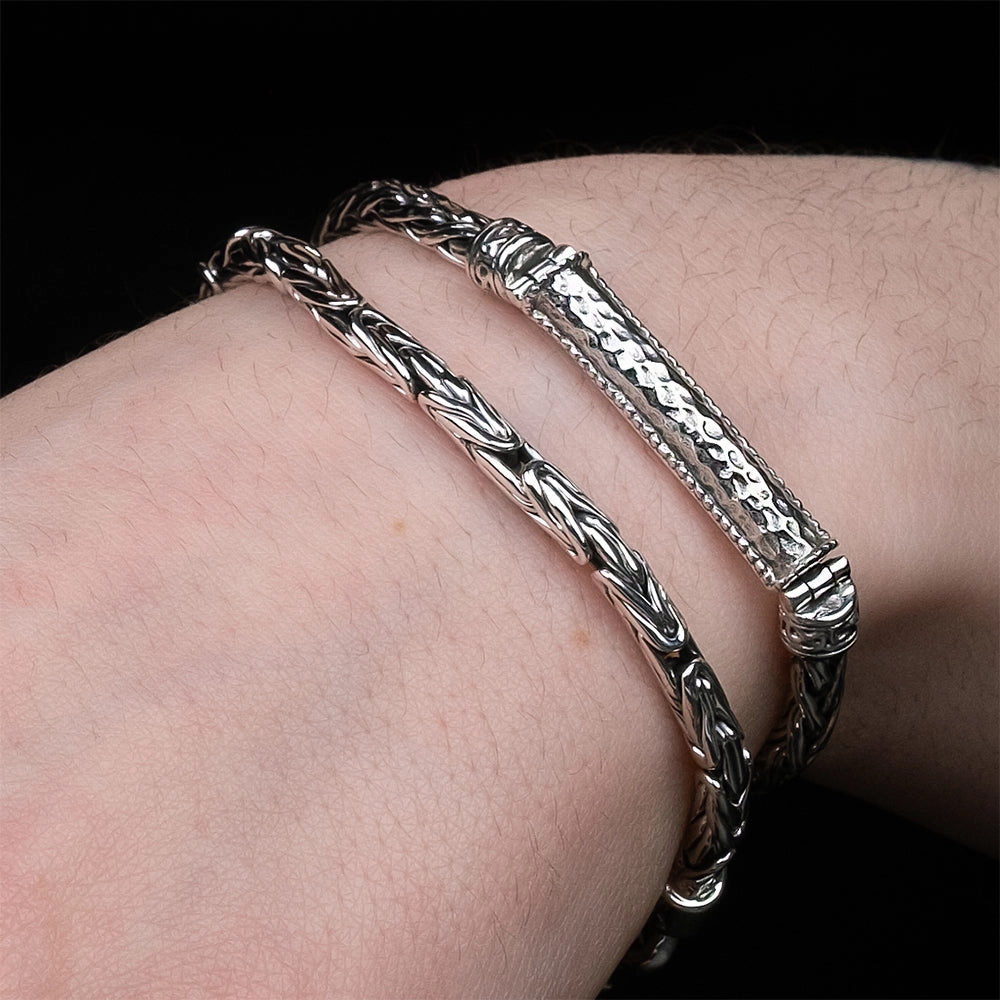 Silver or Silver and Bronze Wheat Link Hinged Bracelet with Hammered Bar
