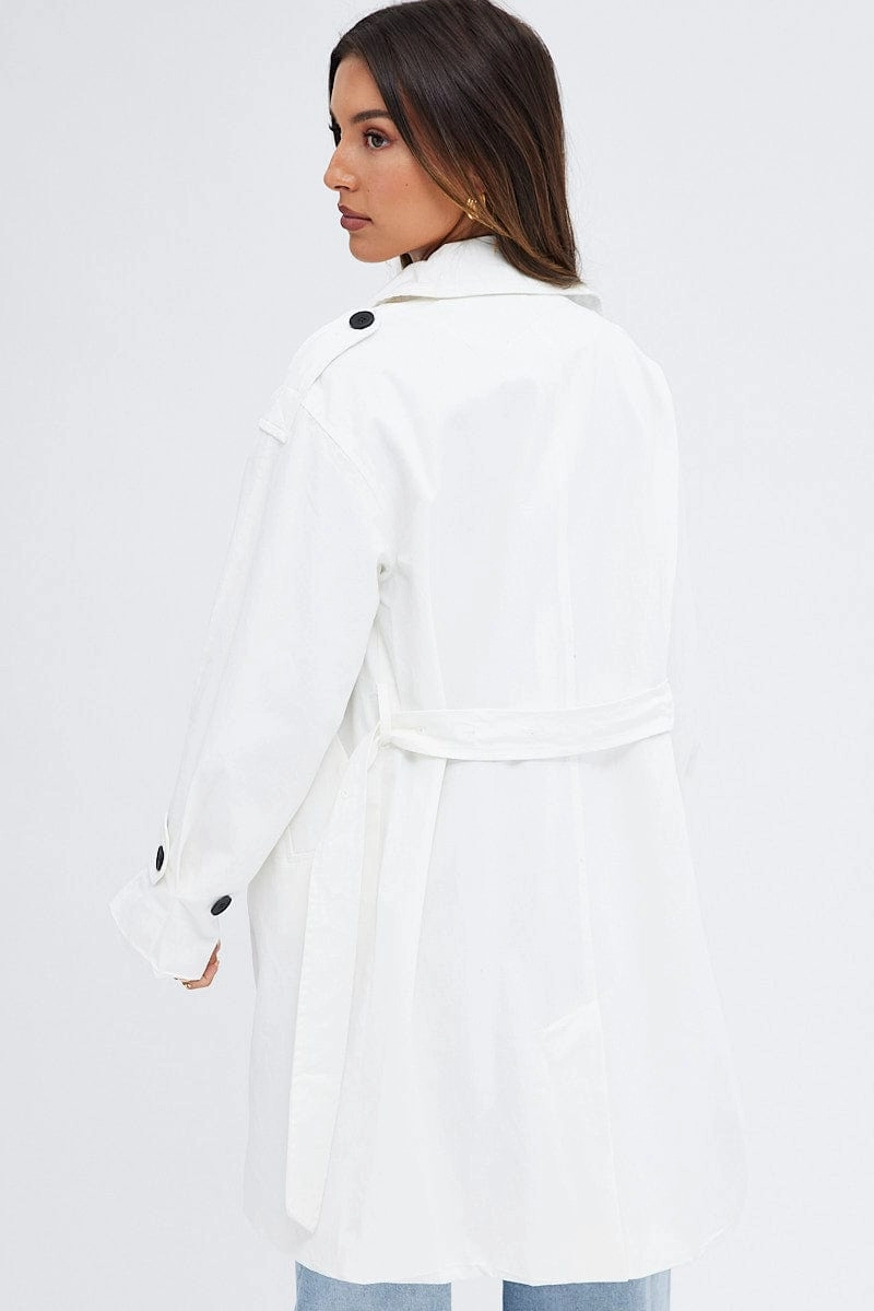 White Longline Trench Coat With Tie
