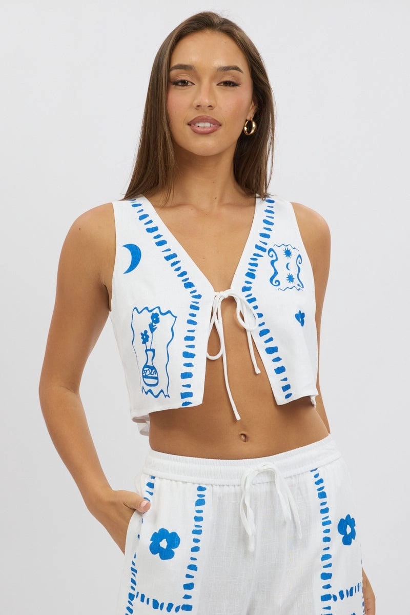 White Tie Up Front Top